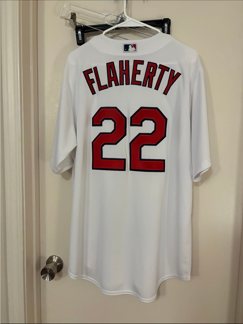 Majestic White Baseball Jersey with Red and Black Flaherty 22